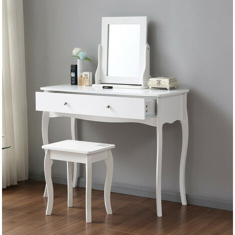 Dressing Table Makeup Desk with Mirror and Stool,Dresser Desk with large Drawer - White