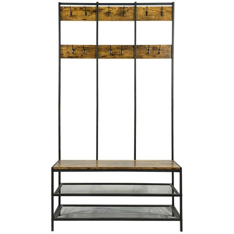 Belluno Industrial Style Coat Rack Stand with Bench and Shoe Storage - Brown