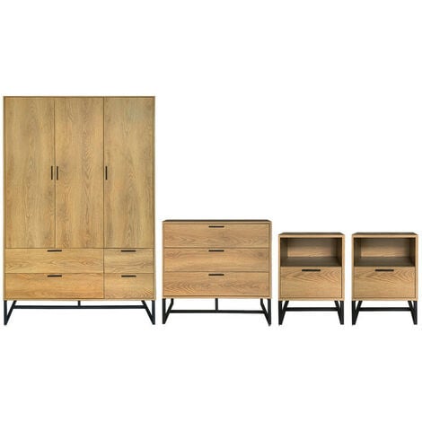 Industrial Style 4 Piece Bedroom Sets Bedroom Set with Wardrobe Chest and 2 Bedside Tables - Light Brown