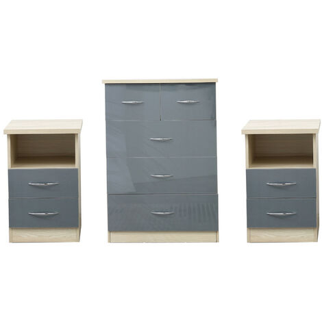 Grey Oak 3 Piece Bedroom Furniture Sets High Gloss Mirrored 3+2 Drawer Chest and 2 Beside Tables
