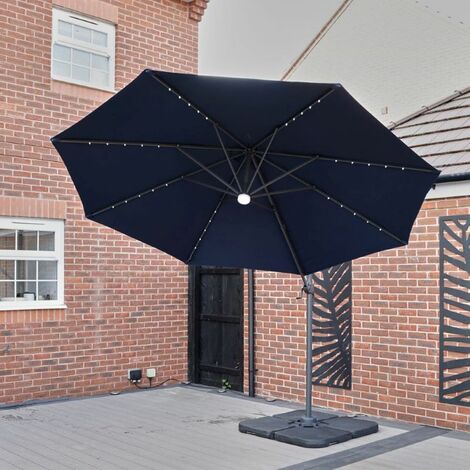 Roma 3M Garden Patio Parasol Outdoor Umbrella with LED Lights and Base Set Dark Blue - Dark blue