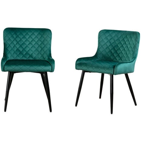 Set of 2 Green Velvet Dining Chairs Kitchen Chairs with Black Metal Legs