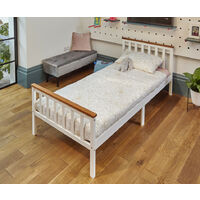 High Head Solid Pine Wood Single Bed Frame With Mattress - white with oak top