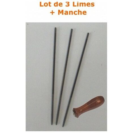 LIME52 - Lot de 3 Limes 5,2mm pour affutage de chaine de tronconneuse + Manche