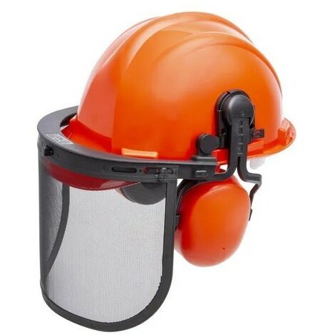 Casque forestier complet norme CE – Protection tête, yeux et oreilles – Matériau ABS – Harnais nylon 6 points – Visière maille acier
