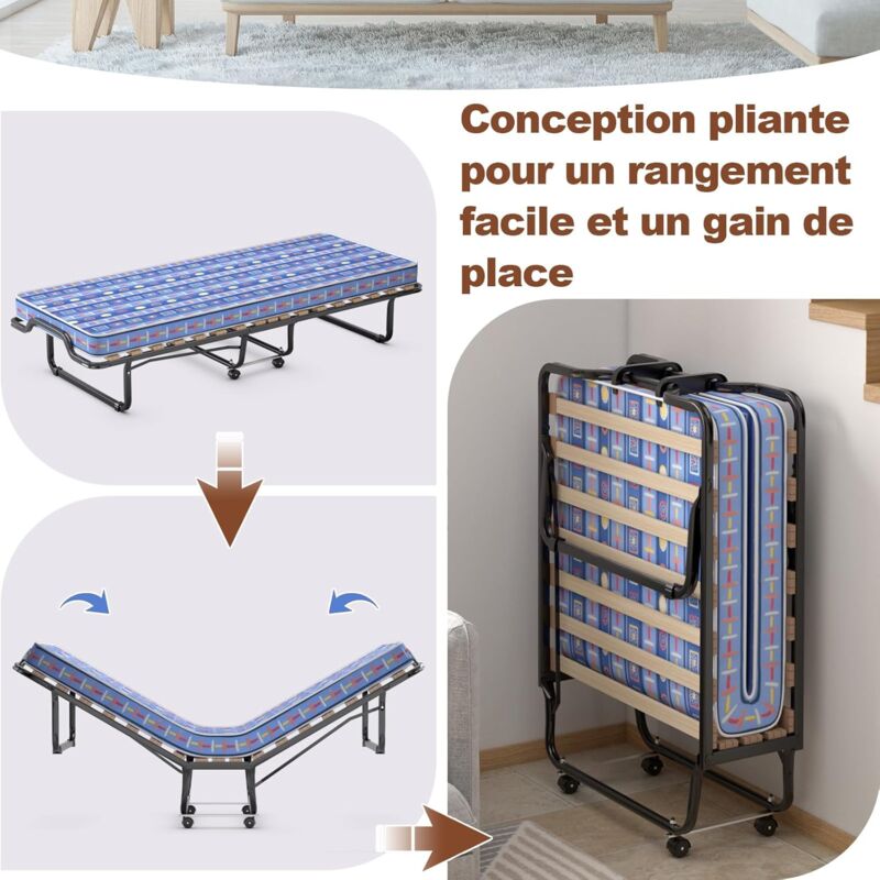 COSTWAY Lit Pliant 1 Personne 80x190 Cm Avec Matelas Mémoire De Forme 6,5 Cm - Bleu Foncé, Charge 130 Kg, Roulettes, Sommier 15 Lattes