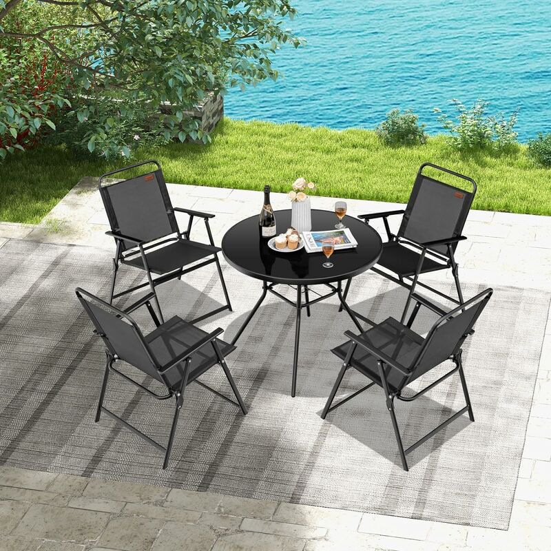 Costway 6pcs ensemble salon de jardin avec 4 chaises pliantes en textilène,  table basse en verre trempé et parasol, pour patio, balcon et terrasse  jusqu'à 150kg - Conforama