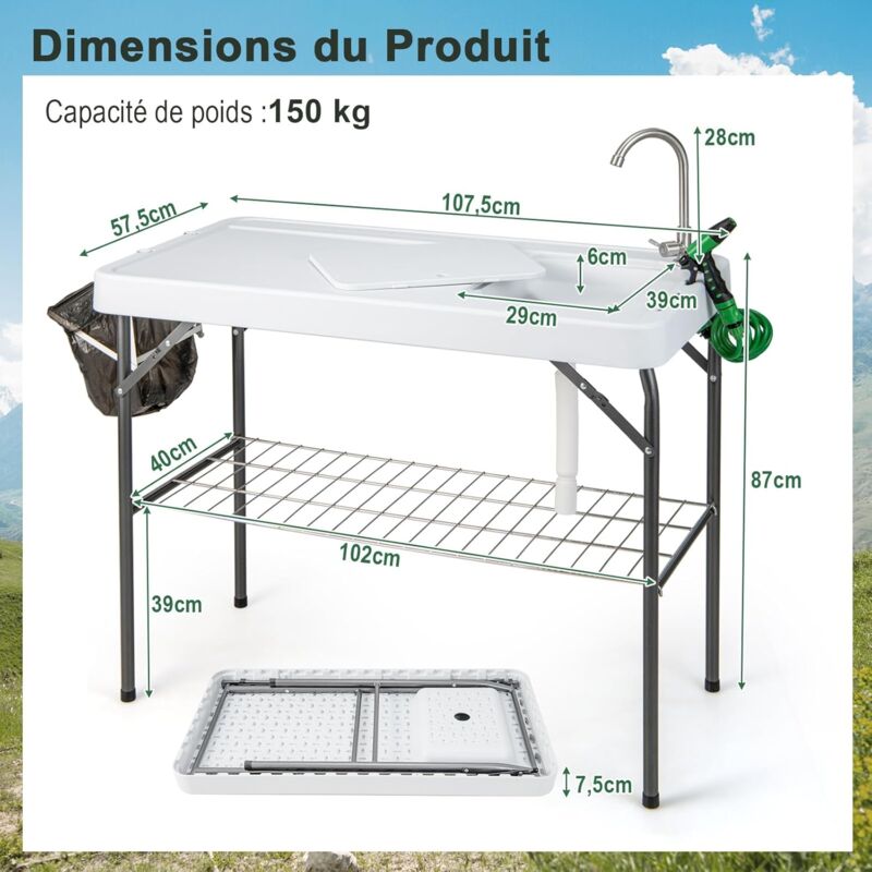 Table pliante 2 en 1 Outsunny avec robinet et éviers Table de pêche  portative pour barbecue de camping en plein air, blanc 