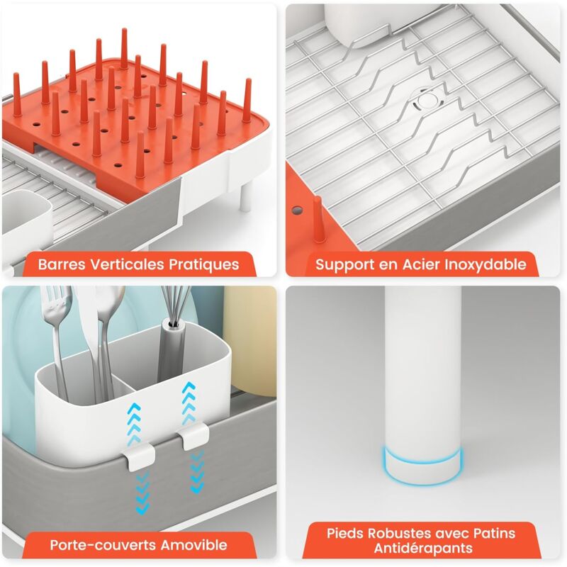 Égouttoir à Vaisselle 2 Niveaux En Acier Inoxydable - Avec Bac D'Égouttage, Porte-Couverts Et Bec Pivotant - 12