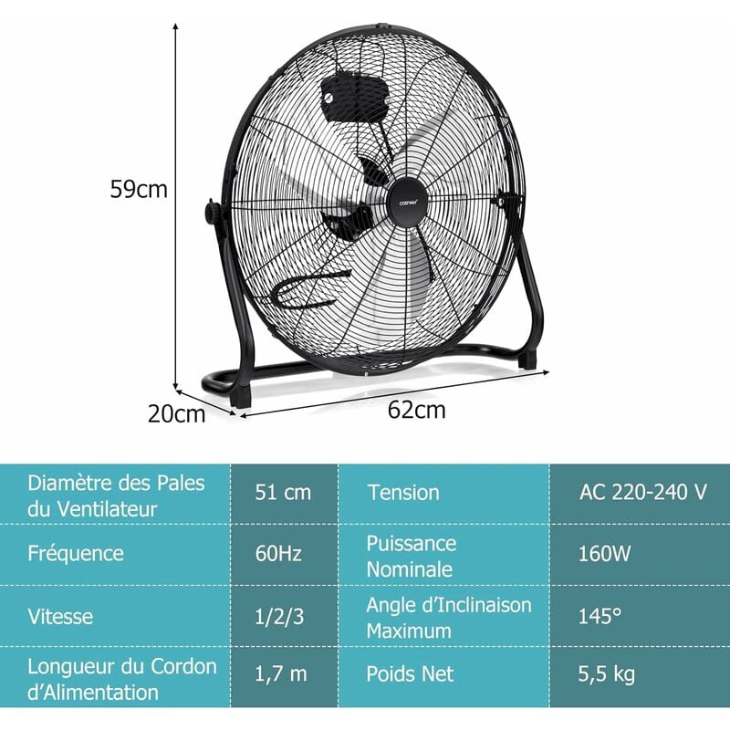 Ventilateur De Sol 50 cm 120w 20pouces 3niveaux De Vitesse Angle  D'inclinaison Réglable Noir - Ventilateur BUT