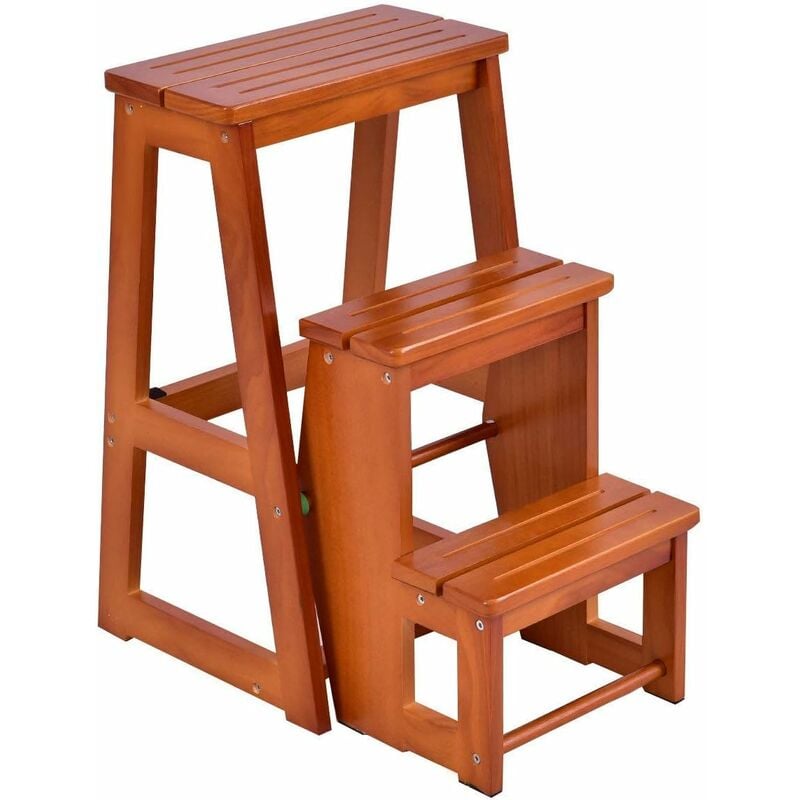 Tabouret Chaise pliante Échelle de 3 niveaux Tabouret Escalier en bois  Multifonctionnel, 57 x 38 x 65 cm, Naturel - Costway