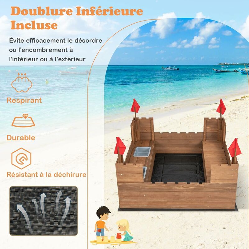 Costway Bac à sable en bois pour enfants avec auvent et 2 banquettes  doublure inférieure pour l'extérieur