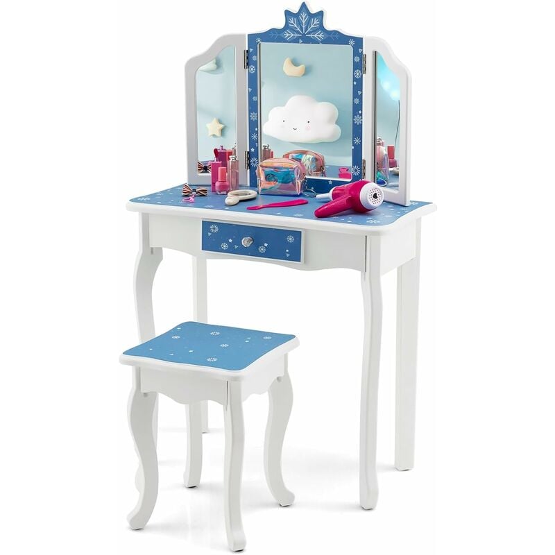 ensemble de vanitÃ© pour enfant GYMAX, table de maquillage en bois,  tabouret, miroir pliant, imprimÃ© flocon de neige, Bleu 