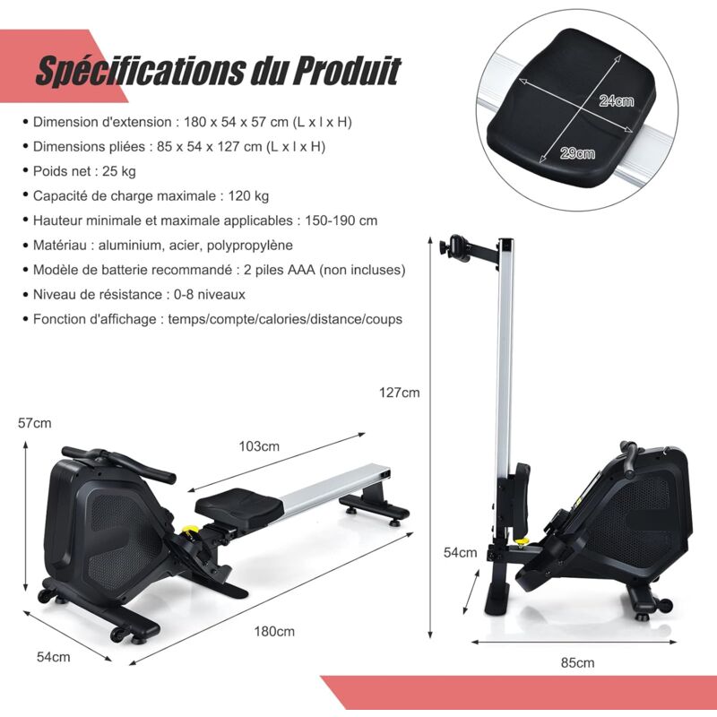 Rameur d'appartement, Pliable, antidérapant, Résistance magnétique à 8  niveaux, 175 x 53 x 47 cm acheter en ligne à bas prix