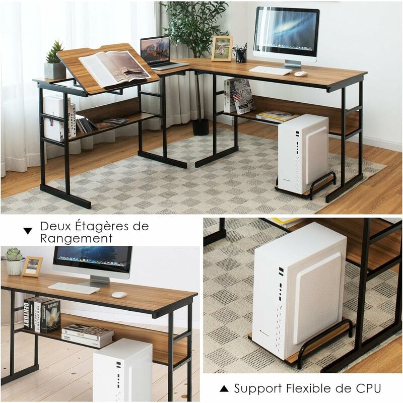 Giantex bureau d'ordinateur, bureau d'ecriture avec tiroir de rangement et  2 etagères, plateau à clavier coulissant - Conforama