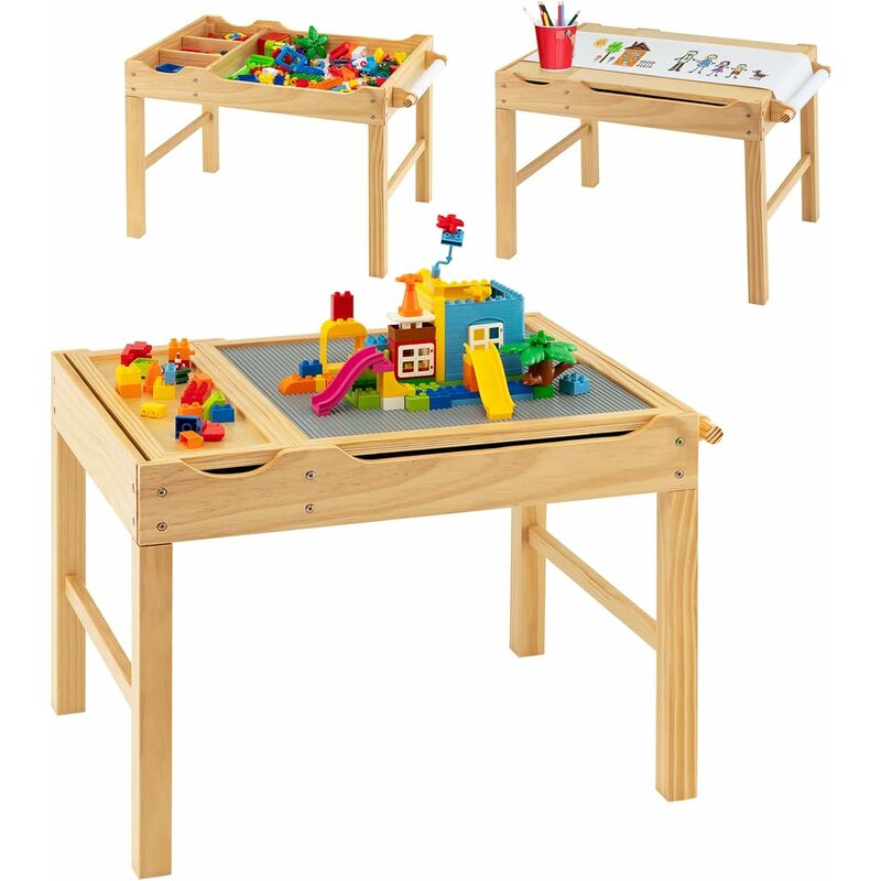 Table de Jeux de Construction en Bois pour Enfants avec Briques