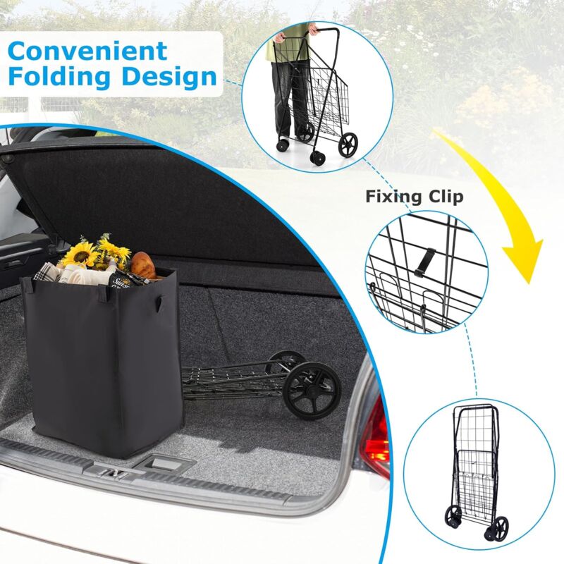 COSTWAY Chariot Courses Pliable 4 Roues – 126 L + 150 Kg, Double Panier Oxford, Cadre Métal Robuste – Idéal Marché, Epicerie, Lessive (Noir)