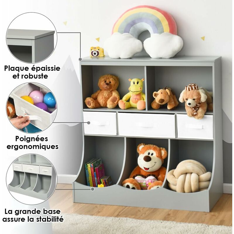 HOMCOM Meuble rangement jouet étagère pour jouets enfants organisateur  jouet 5 compartiments 3 tiroirs pour chambre d'enfant salle de jeux salon  blanc