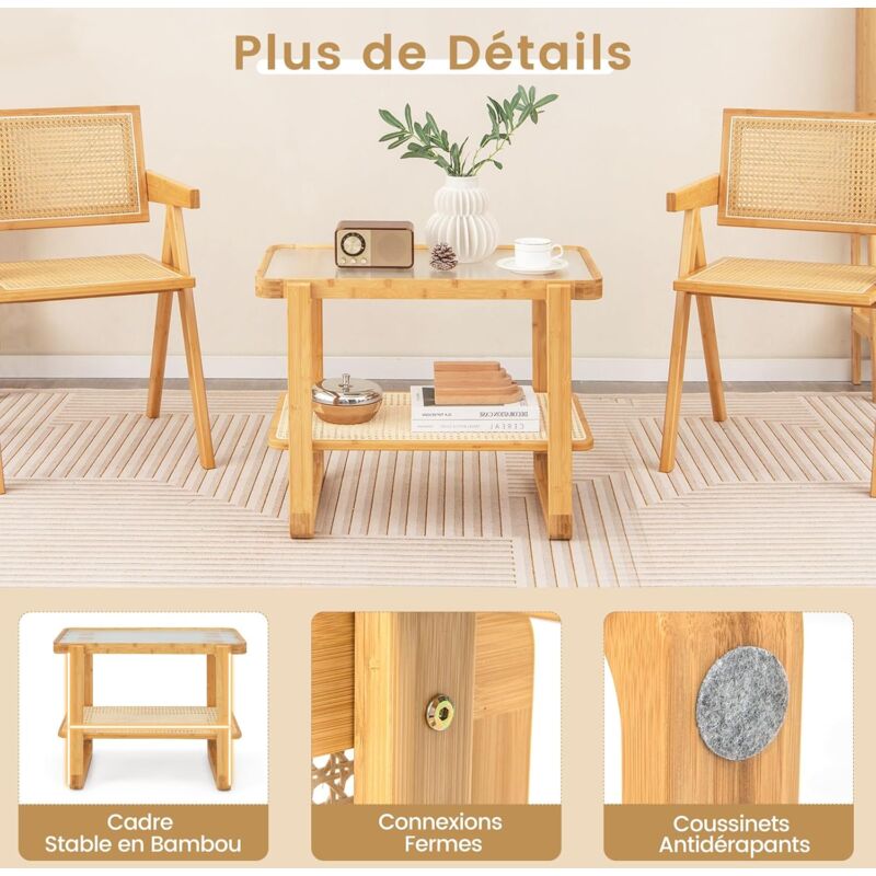 Table D'Appoint COSTWAY Bambou & Verre - Étagère Rotin - Style Bohème 70.5x44.5x54.5 Cm