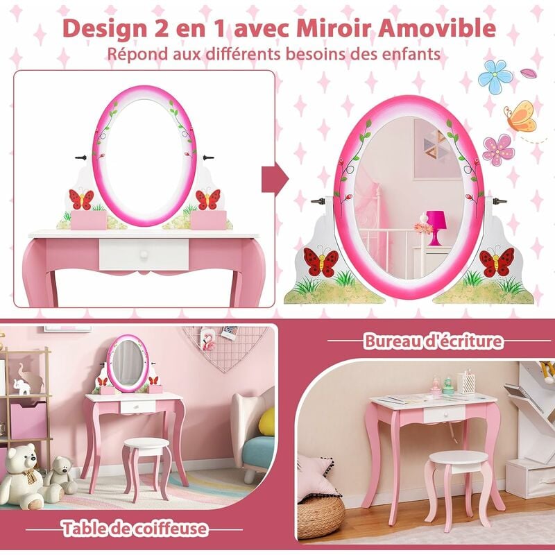 GOPLUS Coiffeuse Enfant Fille, Table de Maquillage avec Miroir Triptyque et  Tabouret, Charge 50KG, pour Enfants 3+ Ans, Ananas