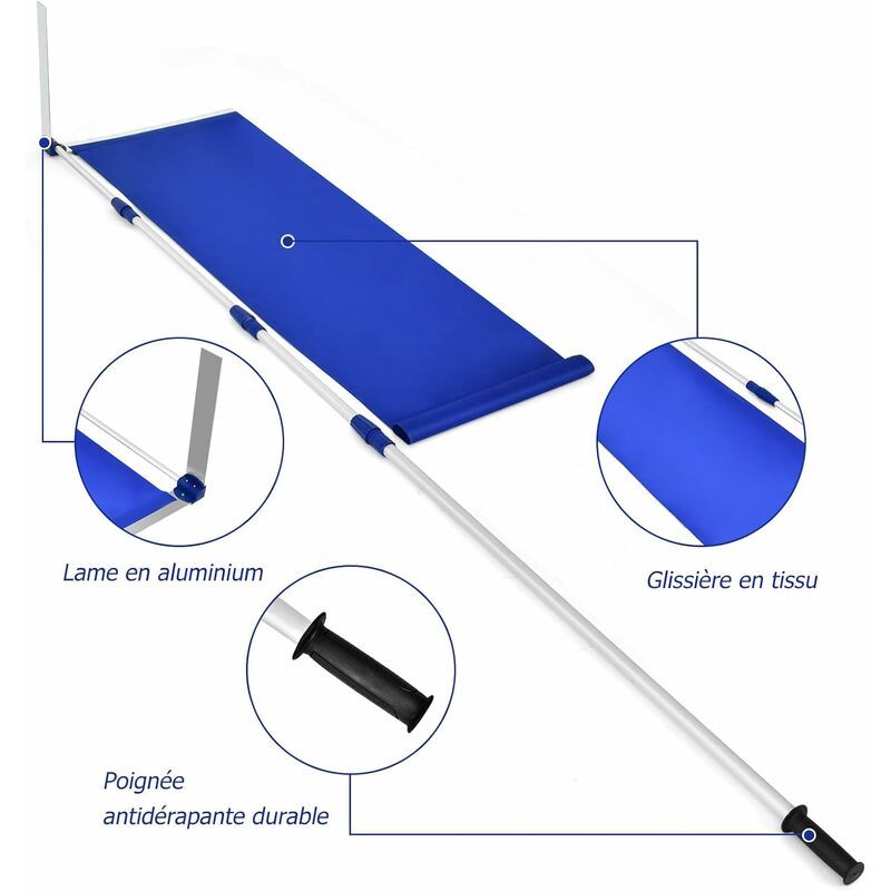 COSTWAY Râteau à Neige Sur Toit Télescopique Outil De Déneigement Hauteur Réglable 200-630CM Manche En Aluminium Avec Poignée Antidérapante Blanc Argenté Pour Maison, Voiture,Cour