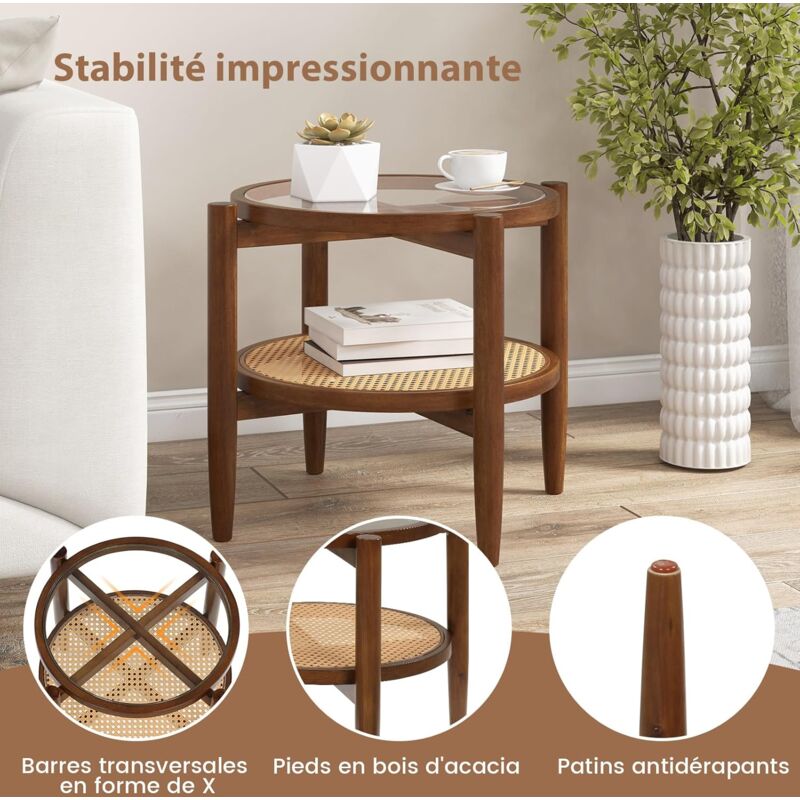 Table D'Appoint COTWAY Forme C - Plateau Réglable 5 Angles, Hauteur 64-92cm, 2 Étagères, Roulettes Avec Frein - Style Industriel Brun
