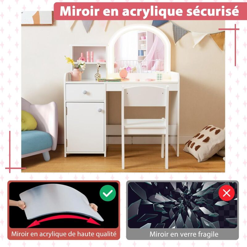 Coiffeuse Bureau Enfant 2 En 1 COSTWAY Avec Chaise Et Miroir Nuage - Meuble Fille 3-7 Ans Blanc