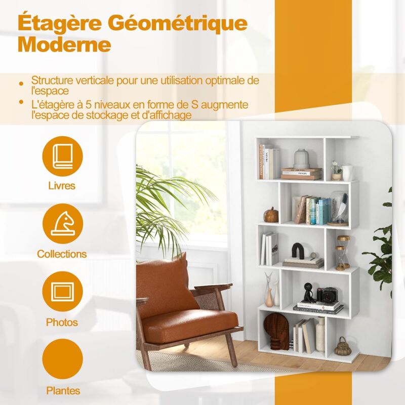 Bibliothèque Géométrique 5 Niveaux Forme S - Étagère Industrielle Marron Rustique Pour Petit Espace
