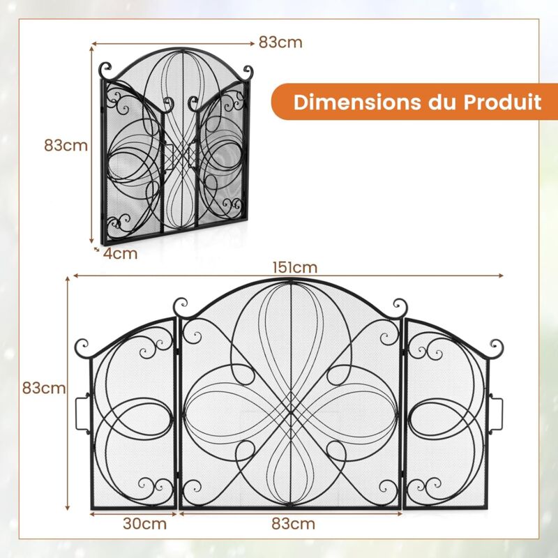 Pare-feu 3 Panneaux Style Mission - 53x31 Pouces, Pliable, Métallique Pour Intérieur/extérieur