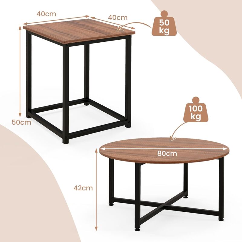Table Basse Ronde 2 Niveaux COSTWAY 80cm - Style Industriel Avec Cadre Métal Et Plateau Bois