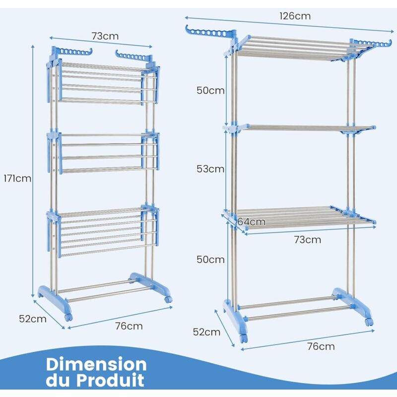 COSTWAY Étendoir Linge 3 Niveaux, Sechoir à Linge Pliable à roulettes en  Métal, Tancarville Linge Solide avec 2 Porte-cintres, Porte-Chaussures,  Seche Linge Intérieur Extérieur : : Cuisine et Maison