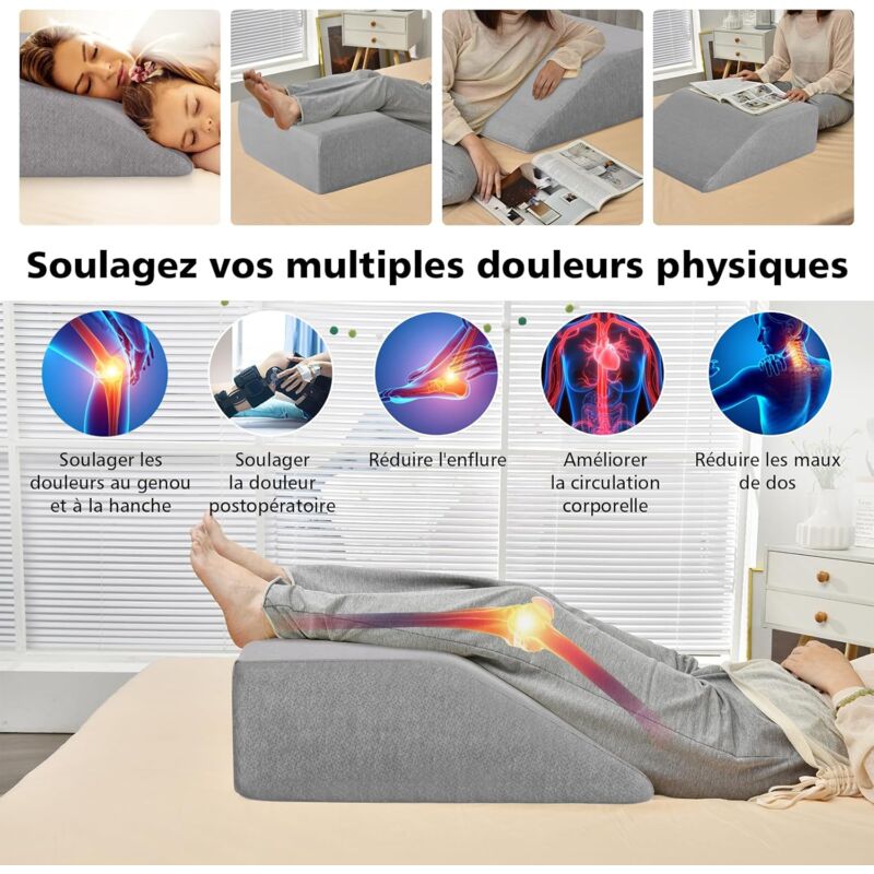 Coussin De Lecture Triangulaire 7 En 1 - Oreiller Ergonomique Dos, Genoux, Nuque - Housse Lavable Gris