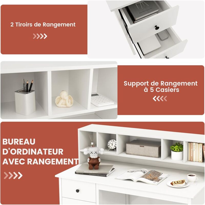 Bureau Blanc Avec 5 Tiroirs Komto - Dimensions 110x53x78,5 Cm - Table PC, Poste De Travail Compact - Montage Facile