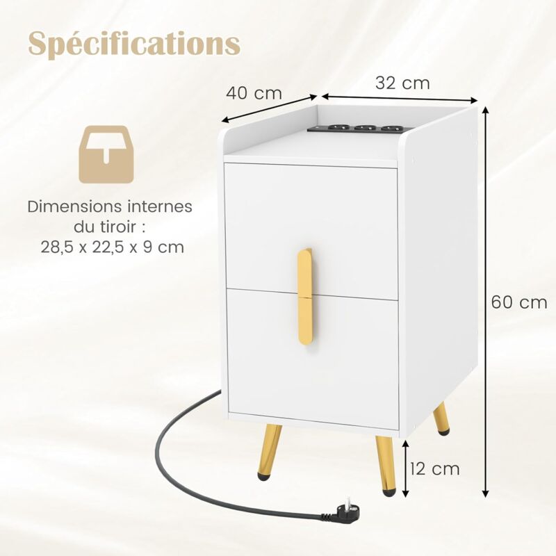 Table De Chevet Avec Tiroir Tables De Chevet Avec Prises USB/Type-C (Lot De 2) - 3 Tiroirs - Blanc Table Chevet