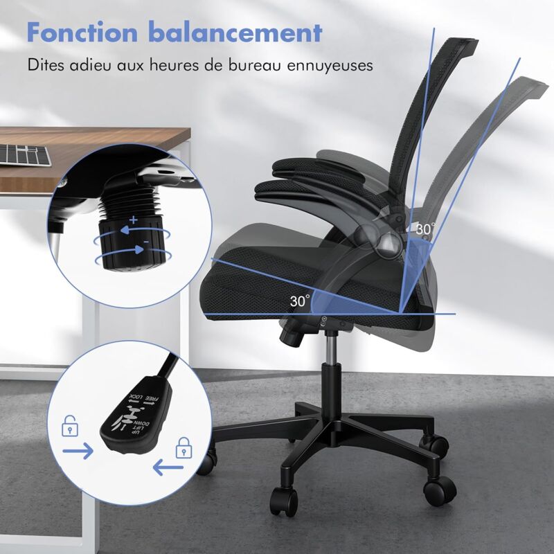 Fauteuil De Bureau Ergonomique Haut - Dossier Double Couche - Réglable En Hauteur - Accoudoirs Rabattables - Tissu Gris - 12