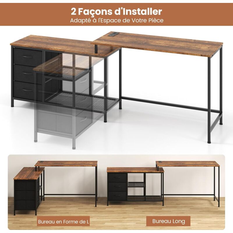 COSTWAY Bureau d'ordinateur noir ergonomique Donna, Bureau d'angle démontable facile à assembler pour gamer, 150 x 150 x