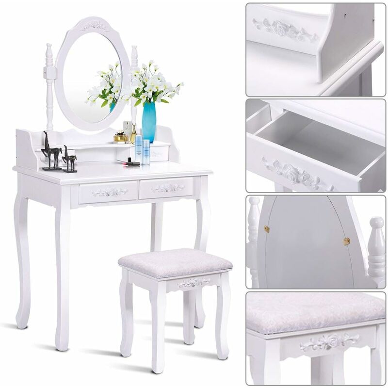 Coiffeuse avec 10 Ampoules Table de Maquillage avec Tabouret Miroir Ovale  Interrupteur et 4 Tiroirs 75x40x145cm Blanc - Costway