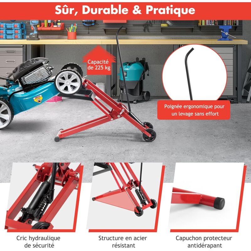 Cric Hydraulique Pour Tondeuse Autoportée - 3 Hauteurs Réglables Jusqu'à 60 Cm - Capacité 227 Kg - 2 Roues - Rouge