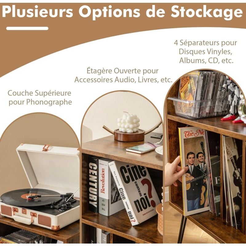 COSTWAY Support Tourne-Disque Avec Prise, Rangement Platine Vinyle Avec
