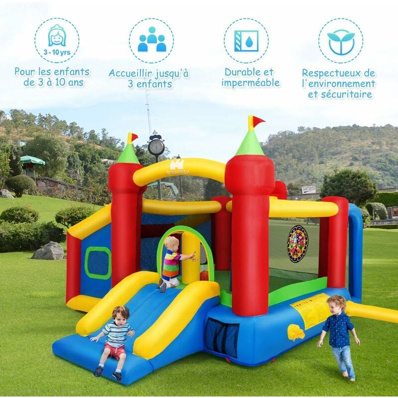 Costway château gonflable soleil avec 3 aires de jeux pour 1-3 enfants de 3  à 10 ans, jeux plein air avec toboggan et trampoline, tissu oxford, charge  max 135kg 270x291x366cm (avec souffleur 450w) - Conforama