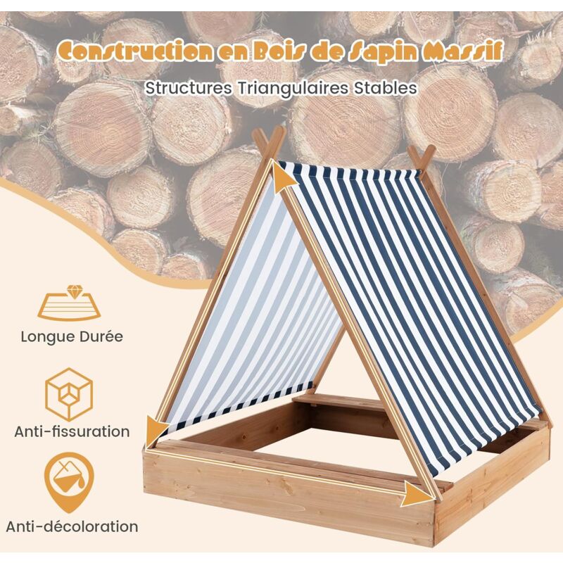 Bac à Sable En Bois Avec 2 Bancs Convertibles - Pour Jardin, Terrasse - Charge 100kg Par Banc, 375kg De Sable - Enfants 18 Mois+