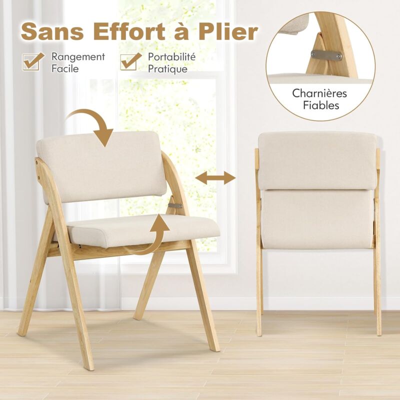 2 Chaises Pliantes Salle à Manger – Confort Maxi, Bois Massif, Tissu Lin – Idéales Cuisine, Bureau, Petit Espace
