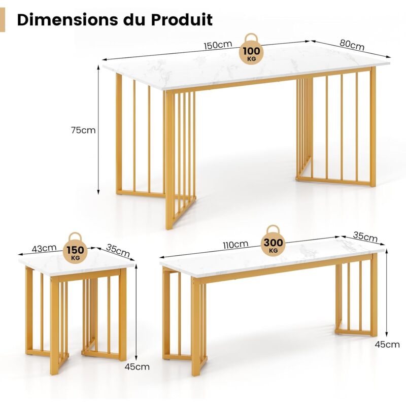 Costway – Ensemble table et chaises 4 personnes – 1 banc et 2 tabourets – Table 150x80cm effet marbre – Cadre métallique doré pour petits espaces