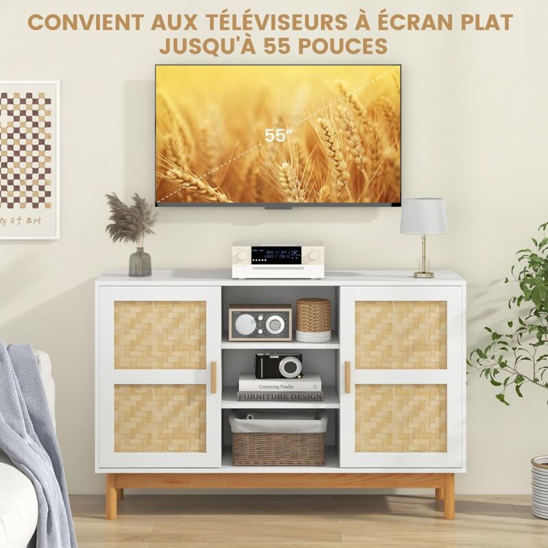 Armoire De Rangement En Bambou 100x35x80 Cm - 2 Portes, 3 étagères Ouvertes, Pour Salon/bureau