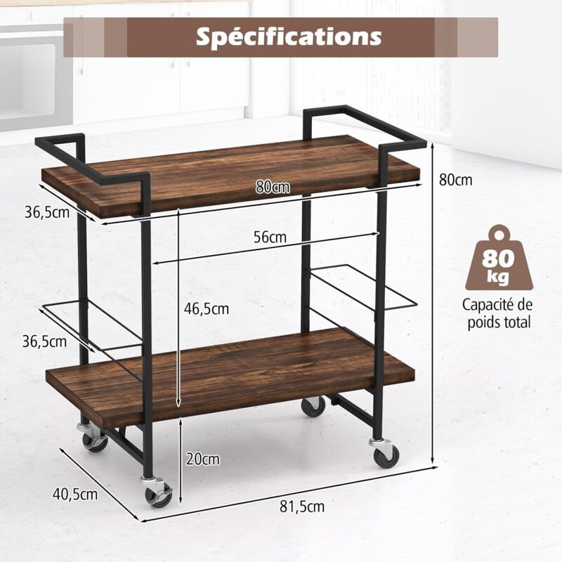 Chariot De Cuisine Métal 3 Étagères – Voiture D’Appoint Style Campagne, Fer Peint Multicolore 53cm