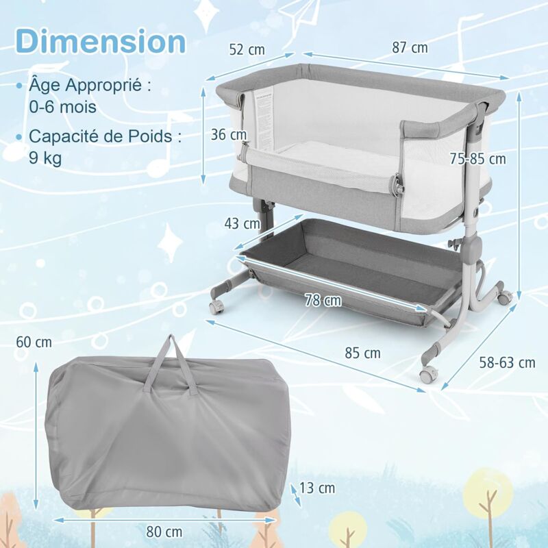 COSTWAY Lit Cododo Bébé Avec Matelas & 6 Hauteurs Réglables (75-85cm) - Lit Pliable Gris Foncé Pour 0-6 Mois, Inclinaison Anti-Reflux, Roues Avec Frein