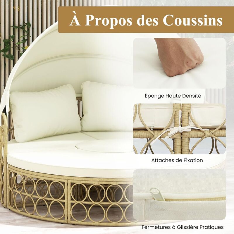 Lit Jardin Extérieur 2 Places Avec Auvent - Rotin Gris - Coussin Et Oreillers Inclus - 360kg Charge