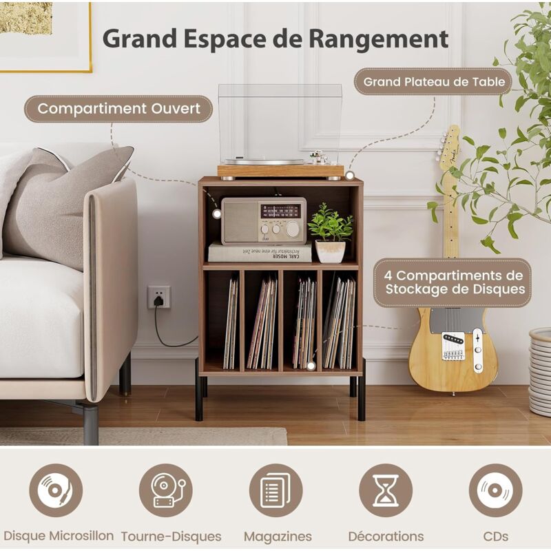 Meuble Platine Vinyle GIANTEX Pour 150 Disques - Avec Prises USB/Type-C, Compartiments, Pieds Métal (53x45x78cm, Marron)
