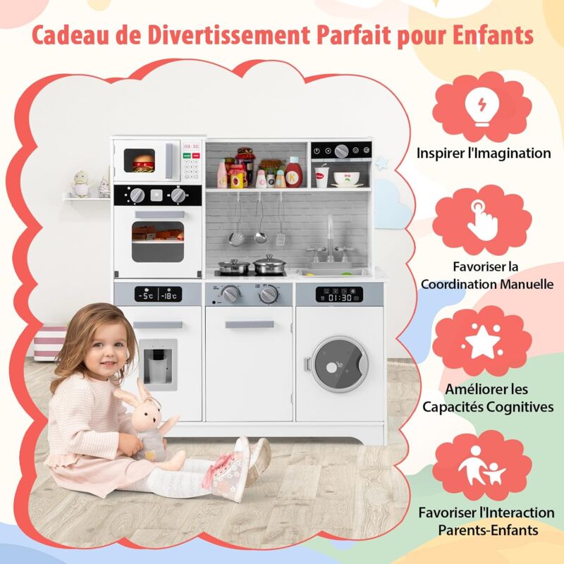 Cuisine En Bois Pour Enfant COSTWAY Avec Lumières Et Sons - Inclut Micro-ondes, Machine à Laver, Téléphone - Rose