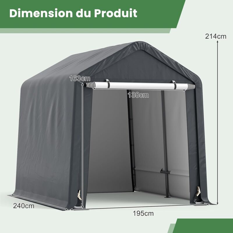 Tente Garage Extérieur 195 X 240 X 214 Cm - Abri Pour Voiture, Moto, Outils, Tissu PE Imperméable Et Anti-UV